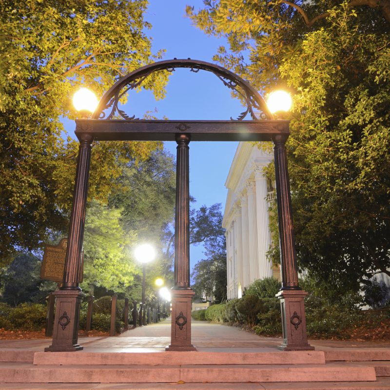 Historic steel archway on the campus of the University of Georgia in Athens, Georgia, USA.